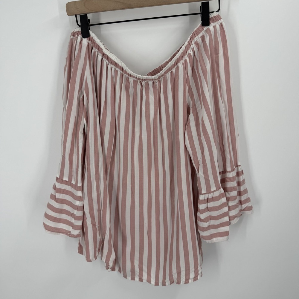 MOD Off the Shoulder Top Women Large Pink White Striped Ruffle Bell Sleeve Rayon